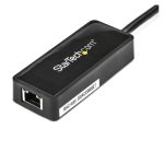 Imagen del Adaptador Tarjeta de Red NIC Externa USB 3.0 de StarTech, modelo USB31000SPTB, con un puerto Gigabit Ethernet RJ45 y un puerto USB en color negro.