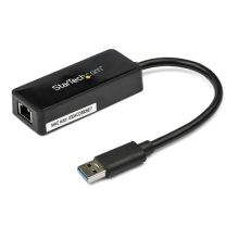 Imagen del Adaptador Tarjeta de Red NIC Externa USB 3.0 de StarTech, modelo USB31000SPTB, con un puerto Gigabit Ethernet RJ45 y un puerto USB en color negro.
