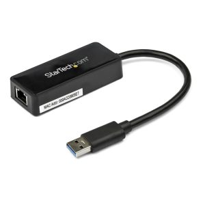 Imagen del Adaptador Tarjeta de Red NIC Externa USB 3.0 de StarTech, modelo USB31000SPTB, con un puerto Gigabit Ethernet RJ45 y un puerto USB en color negro.