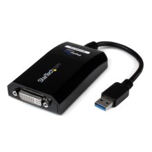 Imagen del adaptador StarTech USB32DVIPRO que convierte USB 3.0 a DVI y VGA, soportando una resolución de hasta 2048x1152. Ideal para monitores externos y compatible con Mac y Windows.