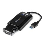 Imagen del adaptador StarTech USB32DVIPRO que convierte USB 3.0 a DVI y VGA, soportando una resolución de hasta 2048x1152. Ideal para monitores externos y compatible con Mac y Windows.