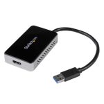 Imagen del adaptador de vídeo externo StarTech USB 3.0 a HDMI. Incluye hub USB de 1 puerto y permite resoluciones de hasta 1080p. SKU USB32HDEH.