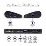 Estación de acoplamiento StarTech.com USB 3.0 para 2 monitores con conexiones HDMI, DVI y VGA. Incluye hub ladrón con 3 puertos USB-A, Ethernet y audio. SKU: USB3SDOCKHDV