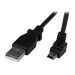 Cable adaptador de 2 metros StarTech.com con conexión USB A macho a Mini USB B macho acodado en ángulo hacia abajo. SKU USBAMB2MD.
