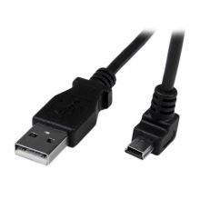 Cable adaptador de 2 metros StarTech.com con conexión USB A macho a Mini USB B macho acodado en ángulo hacia abajo. SKU USBAMB2MD.