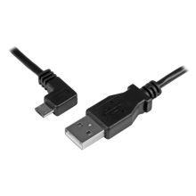 Imagen del cable StarTech.com de 0,5 metros con conector Micro USB acodado a la izquierda para carga y sincronización de smartphones o tablets. SKU: USBAUB50CMLA