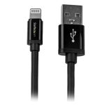 Vista del cable StarTech.com 2 metros Lightning 8 Pin a USB A 2.0 compatible con Apple iPod, iPhone 5, iPad en color negro. SKU: USBLT2MB.