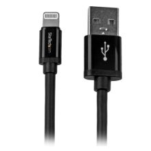 Vista del cable StarTech.com 2 metros Lightning 8 Pin a USB A 2.0 compatible con Apple iPod, iPhone 5, iPad en color negro. SKU: USBLT2MB.