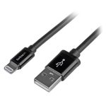 Vista del cable StarTech.com 2 metros Lightning 8 Pin a USB A 2.0 compatible con Apple iPod, iPhone 5, iPad en color negro. SKU: USBLT2MB.