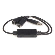 Cable adaptador de StarTech.com que convierte puertos PS/2 para teclado y ratón a USB, modelo USBPS2PC. Presenta dos conectores PS/2 hembra y un conector USB A macho.