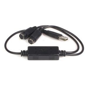 Cable adaptador de StarTech.com que convierte puertos PS/2 para teclado y ratón a USB, modelo USBPS2PC. Presenta dos conectores PS/2 hembra y un conector USB A macho.