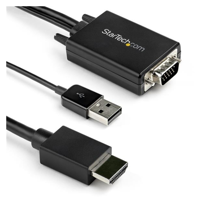 StarTech.com Cable Adaptador VGA a HDMI de 2m con USB y 1080p Imagen del Cable Adaptador StarTech.com de 2 metros VGA a HDMI, alimentado por USB, con pantalla 1080p. SKU VGA2HDMM2M.