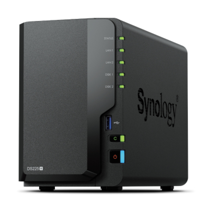 Synology DS225+ NAS de 2 Bahías con Intel Celeron J4125 Servidor NAS de 2 bahías Synology DS225+ con procesador Intel Celeron J4125, 2 GB de RAM DDR4 y Synology DSM en color negro, SKU DS225+