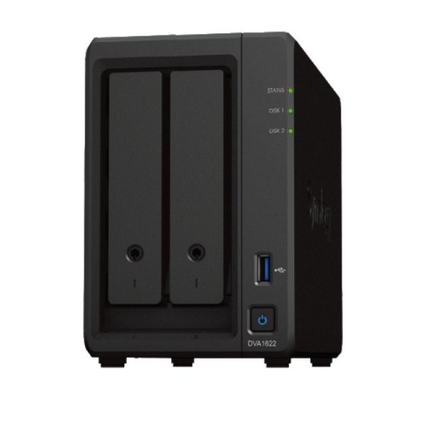 Imagen del servidor de vigilancia en red Synology DVA1622, NVR en formato torre con conectividad Gigabit Ethernet. SKU: DVA1622.