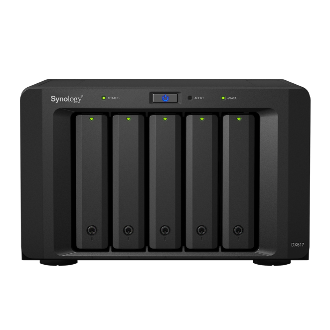 Synology expansión para NAS DX517 con soporte de 5 bahías Unidad de almacenamiento Synology DX517, 5 bahías, 0 TB, diseño de escritorio en negro. SKU: DX517