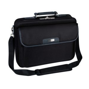 Estuche para portátil Targus Notepac de 15.4 a 16 pulgadas con SKU CN01, color negro, compartimentos adicionales para accesorios y correa ajustable.