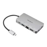 Vista lateral de la estación de acoplamiento alámbrica Targus DOCK419 con USB 3.2 Gen 1 y Type-C en color gris, SKU DOCK419EUZ