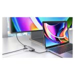 Base para portátil HYPER con replicador de puertos USB 2.0 Type-C, en colores negro y gris, SKU HD41-GL