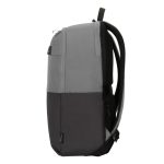 Mochila Targus Sagano de 15.6 pulgadas en colores negro y gris, modelo TBB634GL, diseñada para portátiles y con características ergonómicas.
