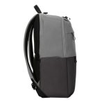 Mochila Targus Sagano de 15.6 pulgadas en colores negro y gris, modelo TBB634GL, diseñada para portátiles y con características ergonómicas.
