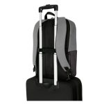 Mochila Targus Sagano de 15.6 pulgadas en colores negro y gris, modelo TBB634GL, diseñada para portátiles y con características ergonómicas.