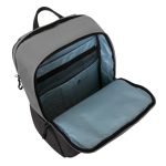 Mochila Targus Sagano de 15.6 pulgadas en colores negro y gris, modelo TBB634GL, diseñada para portátiles y con características ergonómicas.