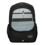 Vista de la mochila Targus Octave III en color negro, fabricada en poliéster, SKU: TBB653GL. Diseñada para transportar portátiles con comodidad y seguridad.