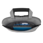 Maletín para portátil Targus de 15.6 pulgadas en color gris, modelo TSS960GL, con compartimentos y diseño estilizado.