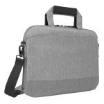 Maletín para portátil Targus de 15.6 pulgadas en color gris, modelo TSS960GL, con compartimentos y diseño estilizado.