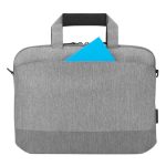 Maletín para portátil Targus de 15.6 pulgadas en color gris, modelo TSS960GL, con compartimentos y diseño estilizado.