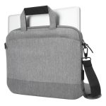 Maletín para portátil Targus de 15.6 pulgadas en color gris, modelo TSS960GL, con compartimentos y diseño estilizado.