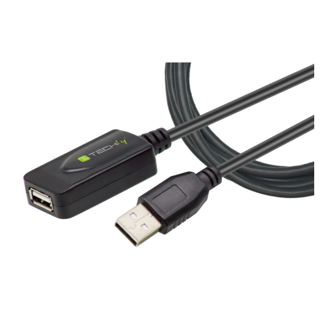 Techly Cable USB 2.0 20m Negro Alta Velocidad Techly IUSB-REP220TY3 cable USB 2.0 de 20 metros con conector USB A, color negro, ideal para conexión de periféricos.
