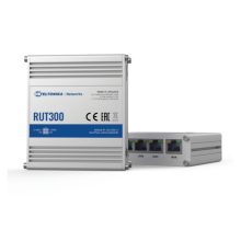Imagen del router Teltonika RUT300 con características de Ethernet rápido, color azul metálico y SKU RUT300000000