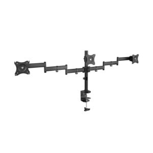 Vista de un soporte de mesa TooQ para 3 pantallas de 13 a 27 pulgadas, modelo DB1327TN-B