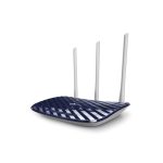 Vista del router TP-Link AC750 Archer C20, doble banda 2,4 GHz y 5 GHz, colores negro y blanco. SKU: Archer C20