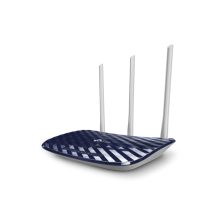 Vista del router TP-Link AC750 Archer C20, doble banda 2,4 GHz y 5 GHz, colores negro y blanco. SKU: Archer C20