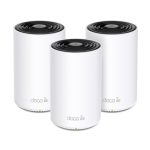Vista del TP-Link Deco XE75 Tribanda Wi-Fi 6E en blanco, con tres unidades internas y capacidades de 2.4 GHz, 5 GHz y 6 GHz. SKU: Deco XE75(3-pack).