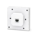 Vista frontal del TP-Link Omada EAP650-Wall, punto de acceso inalámbrico blanco, velocidad hasta 3000 Mbps, compatible con PoE. SKU: EAP650-wall
