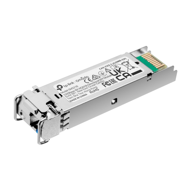 TP-Link Omada transceptor SFP Fibra óptica 1250 Mbit/s Imagen del transceptor de fibra óptica TP-Link Omada SM321B con velocidad de 1250 Mbit/s y conector SFP. SKU: SM321B