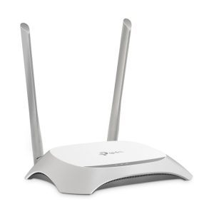 Router inalámbrico gris y blanco TP-Link TL-WR840N con banda única de 2,4 GHz y Ethernet rápido, SKU TL-WR840N