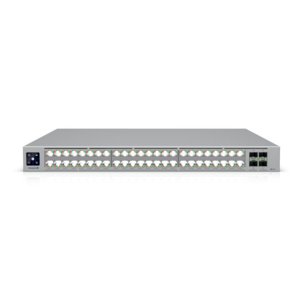 Vista frontal del switch Ubiquiti UniFi ECS-48-PoE, gestionado a nivel L2/L3 con 48 puertos PoE y capacidad 10G Ethernet, SKU ECS-48-POE