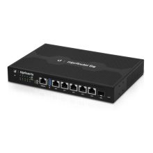 Router de Ubiquiti modelo EdgeRouter 6P con conectividad Gigabit Ethernet en un diseño negro. SKU ER-6P