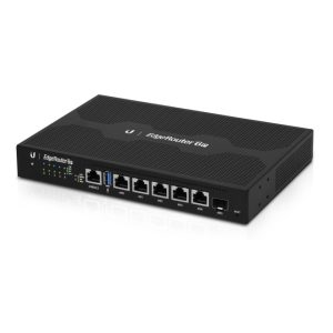 Router de Ubiquiti modelo EdgeRouter 6P con conectividad Gigabit Ethernet en un diseño negro. SKU ER-6P