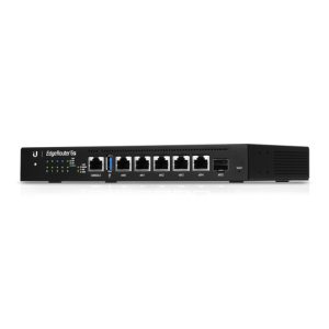 Router de Ubiquiti modelo EdgeRouter 6P con conectividad Gigabit Ethernet en un diseño negro. SKU ER-6P