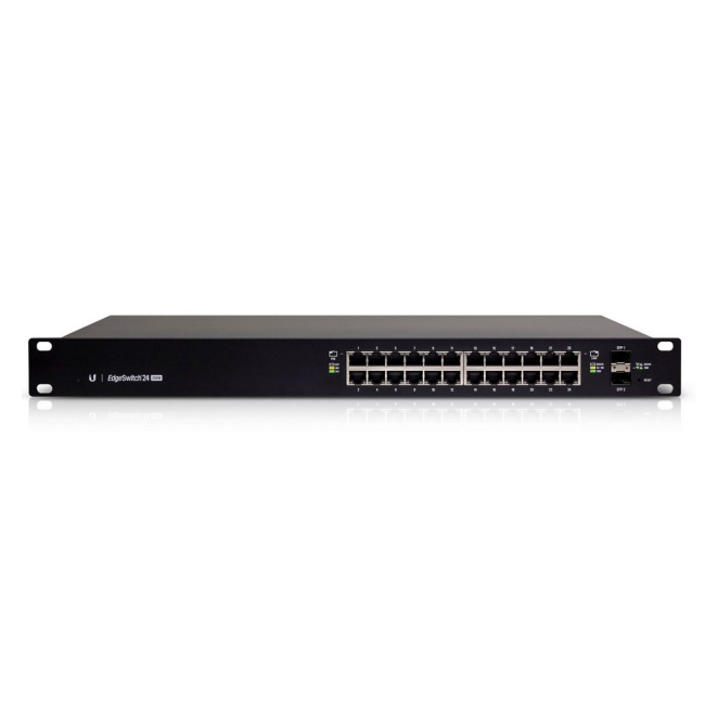 Ubiquiti Switch Gestionado L2/L3 Gigabit Ethernet con PoE 250W Imagen del switch gestionado Ubiquiti ES-24-250W con 24 puertos Gigabit Ethernet 10/100/1000, soporte L2/L3 y energía sobre Ethernet PoE, de color negro y diseño 1U.