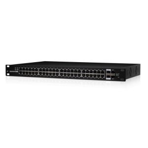 Switch gestionado Ubiquiti ES-48-750W con 48 puertos Gigabit Ethernet, soporte para PoE y montaje en rack 1U de color negro