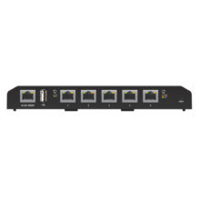 Vista frontal del Ubiquiti EdgeSwitch 5XP gestionado, un switch Gigabit Ethernet (10/100/1000) con Energía sobre Ethernet (PoE), color negro, SKU ES-5XP