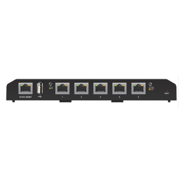 Vista frontal del Ubiquiti EdgeSwitch 5XP gestionado, un switch Gigabit Ethernet (10/100/1000) con Energía sobre Ethernet (PoE), color negro, SKU ES-5XP