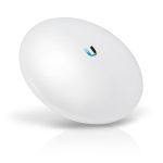 Vista lateral del Ubiquiti NanoBeam 2AC Blanco, con Energía sobre Ethernet (PoE) y el SKU NBE-2AC-13, ideal para redes inalámbricas