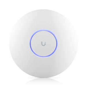 Vista del producto Ubiquiti U7 Pro con velocidad de hasta 5800 Mbit/s en color blanco y soporte para Energía sobre Ethernet (PoE), SKU U7-PRO